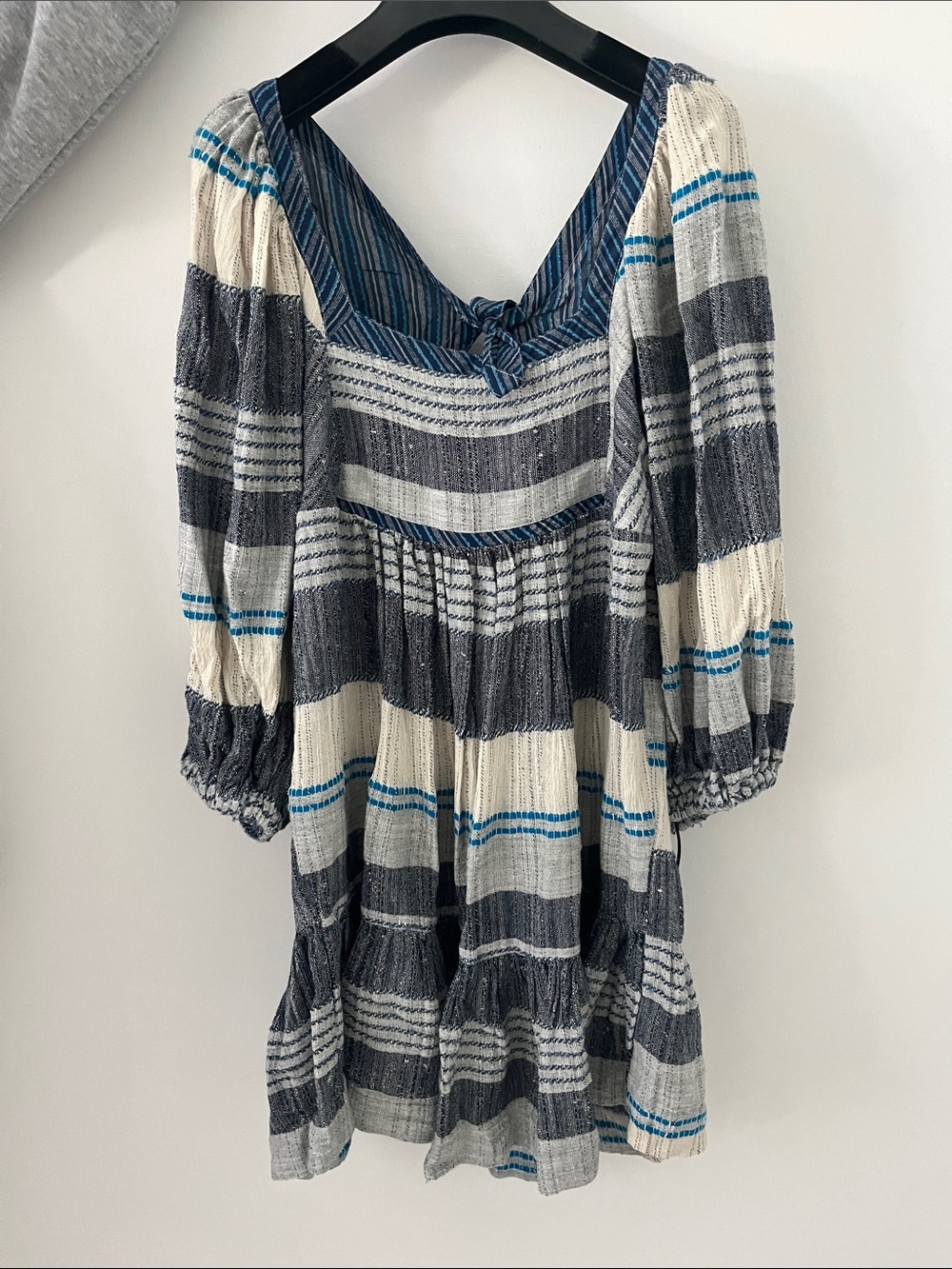 Boho Free People Tiered Smocked Dress in Navy, Cream & Teal